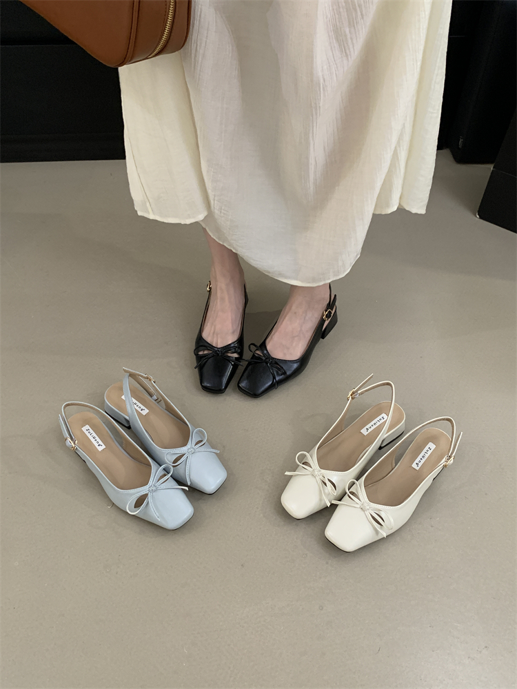 French Bow Mary Jane Heels for Women - Chunky Heel Slip-On Sandals with Back Strap, Square Toe, PU Leather, Anti-Slip, 2025 Autumn New Arrival