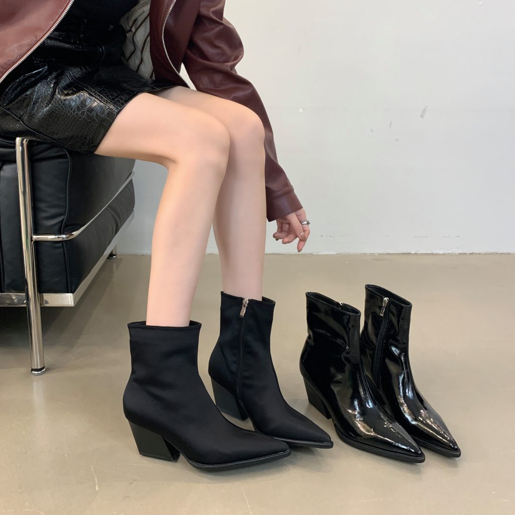 BUBUFLY Patent Leather Vintage Slim Boots Women British Style Chunky Heel Pointed Toe Chelsea Boots Fashion High Heel Short Boots